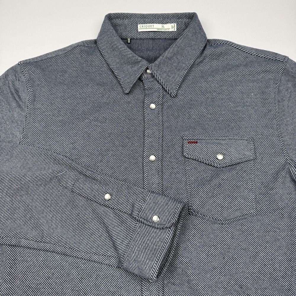 Criquet Shirt Mens XL Blue Stripe Long Sleeve Pearl Snap Up Knit Stretch Casual